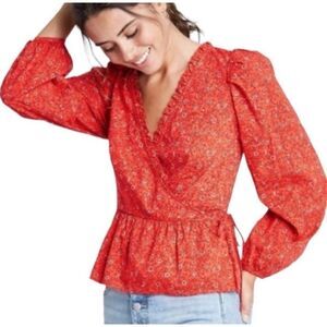 Universal Thread Plus Size Balloon Long Sleeve Red Floral Wrap Top